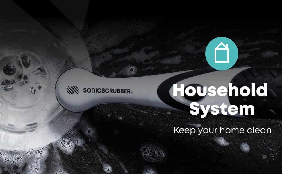 Black and white image of a household cleaning system interface or control panel with text and soap bubbles visible.