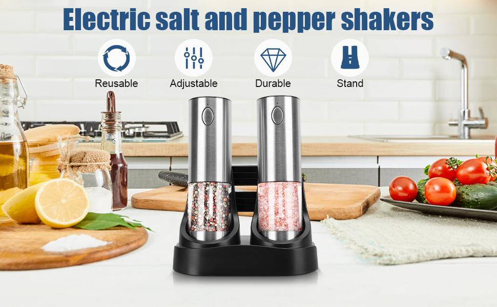 Electric salt and pepper grinder set with stainless steel body and adjustable coarseness stand