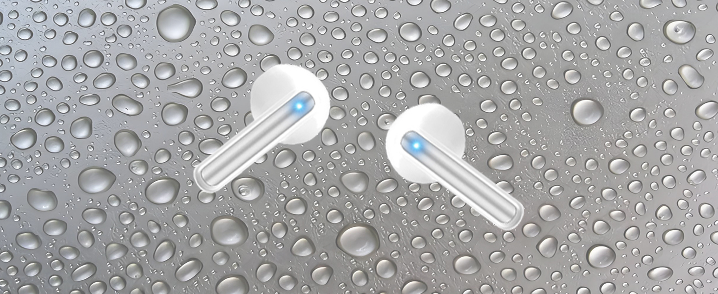 Two white wireless earbuds with blue indicator lights on a water droplet-covered gray surface, showcasing water-resistance feature.
