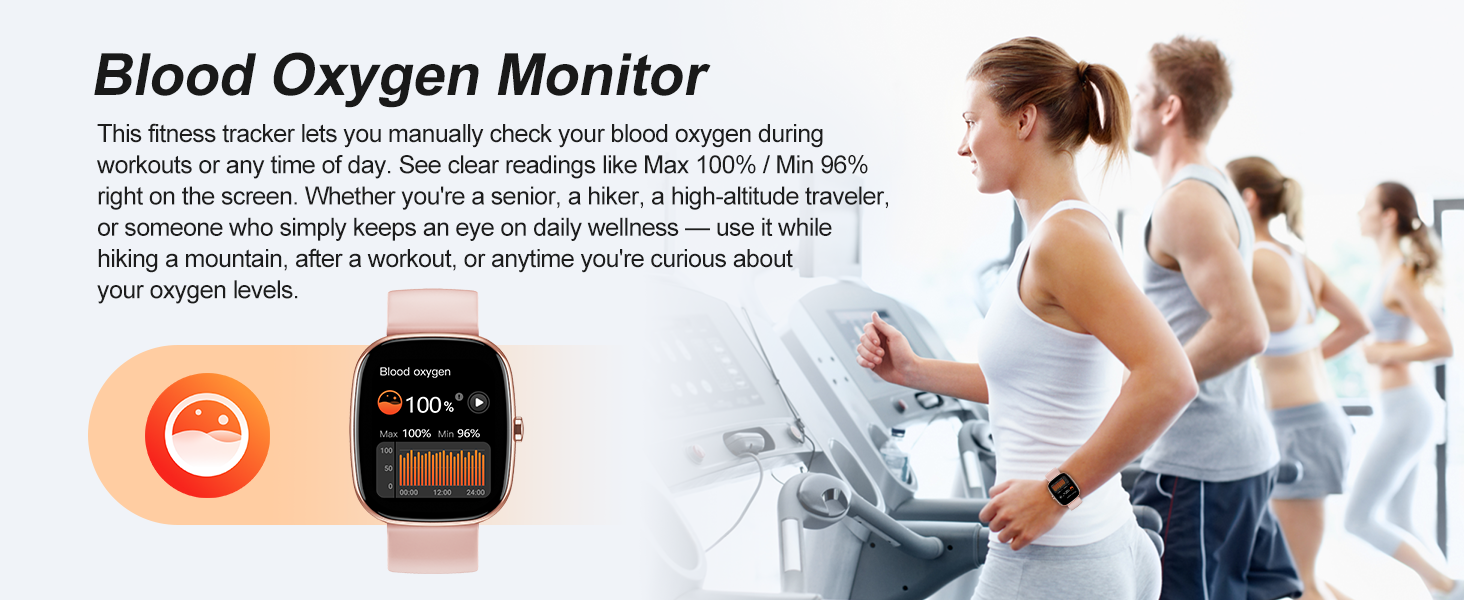 Blood oxygen on fitness tracker: manual check, Max 100% Min 96%. For seniors, hikers, travel.
