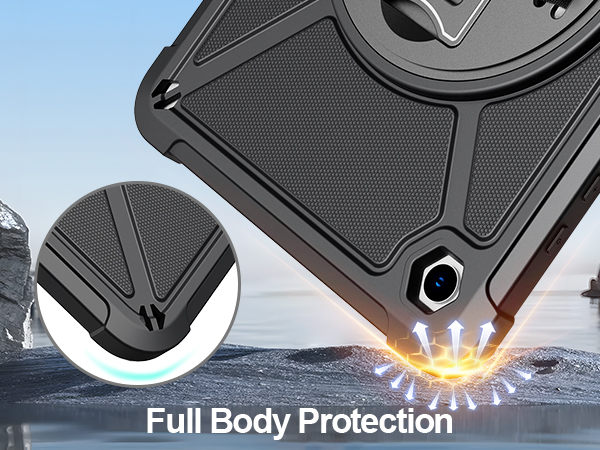 Text reads 'Full Body Protection' with series of technical illustrations showing protective gear or equipment components in dark metallic finish.