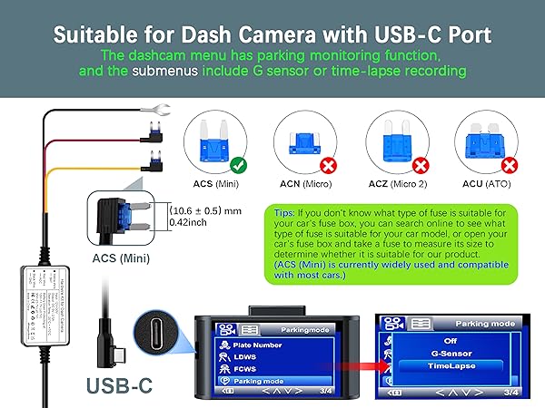 Range Tour Dash Cam Hardwire Kit USB-C Port, 5V/2.5A (also suitable for 1- 2A)