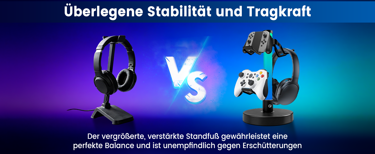 Text reads 'Überlegene Stabilität und Tragkraft'. Gaming setup with illuminated peripherals against purple/blue lighting, showing controllers and gaming accessories.