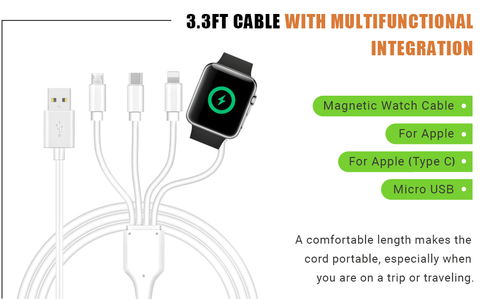 3.3 ft cable for iWatch Series, for Apple devices, Android devices, Type C and Micro USB
