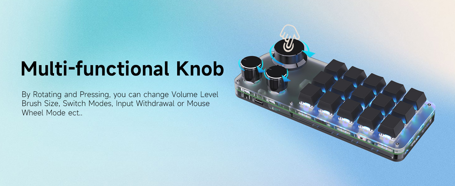 Multi-functional knob device with black rotary dial and blue backlit buttons. Compact design for various control applications.