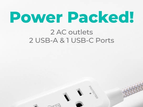 Power Packed! 2 AC outlets, 2 USB-A &amp; 1 USB-C Ports - KMC 20204