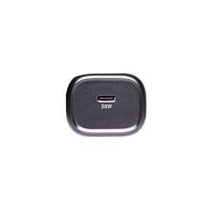 AT&T Single port 30W USB-C power adapter, black, shot from the bottom to show the USB-C port