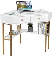 Tangkula White Corner Desk with 2 Drawers, 90 Degrees Triangle Corner Computer Desk for Small Spa...