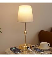 MEIXISUE Bedside Table Lamp for Bedroom with 2 USB Charging Ports Minimalist Modern Small Gold Ni...