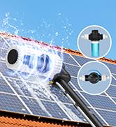 Series of images showing solar panels and related equipment in various outdoor settings with blue sky backgrounds.