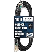 10 ft - 12 Gauge Heavy Duty Extension Cord - Lighted SJTW - Indoor/Outdoor Extension Cord by Watt...