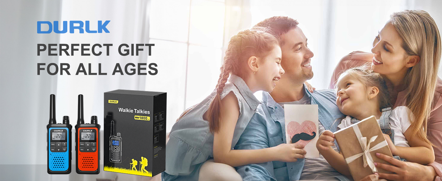 A family of four with smiles on their faces received a gift of DURLK 2 pack walkie talkies all ages