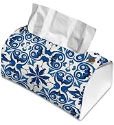 Blue Portuguese Tiles Tissue Box Cover Rectangle Tissue Holder with Snap Buttons Decorative Facia...