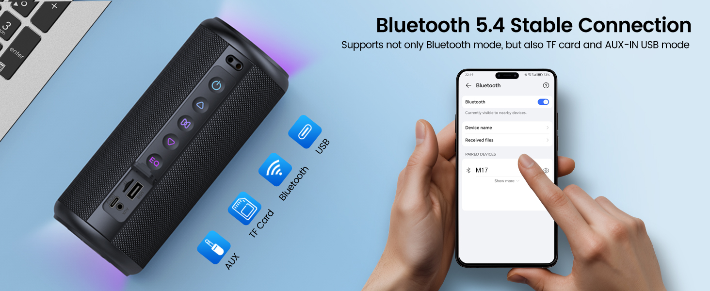 Text reads 'Bluetooth 5.4 Stable Connection'. Image shows black rectangular portable speaker device with blue control buttons held near smartphone displaying connectivity interface.
