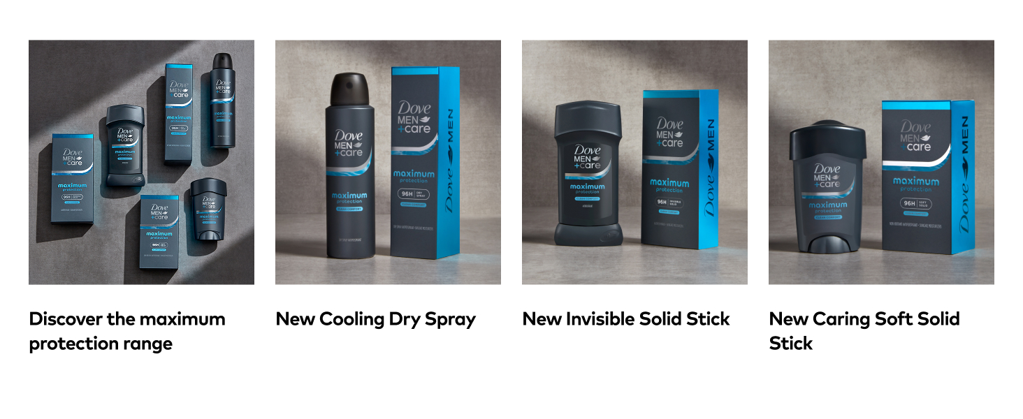 4 images: full range of products, spray deo, stick deo, caring soft solid stick. Boxes also shown.