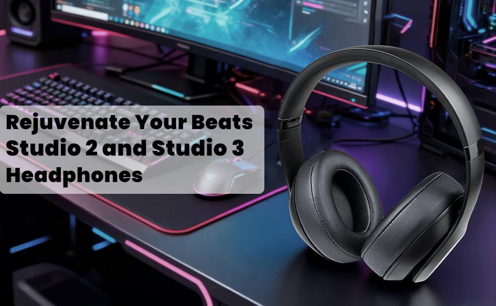 Text reads 'Rejuvenate Your Beats Studio 2 and Studio 3 Headphones'. Black over-ear headphones displayed against blue and purple neon-lit background.