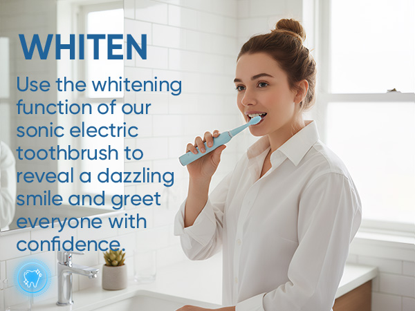 Text reads 'WHITEN' and 'sonic electric toothbrush to reveal a dazzling smile and give everyone confidence'. Advertisement showing electric toothbrush usage demonstration.