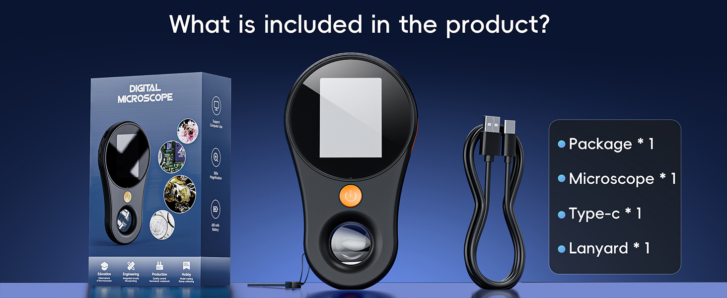Portable microscope device package contents display showing main device, USB Type-C cable, lanyard, and product packaging against dark background.