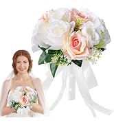 Qeedy Wedding Bouquets for Bride - Realistic Silk Flowers Artificial Roses, 8 Inch Bridesmaid Bou...