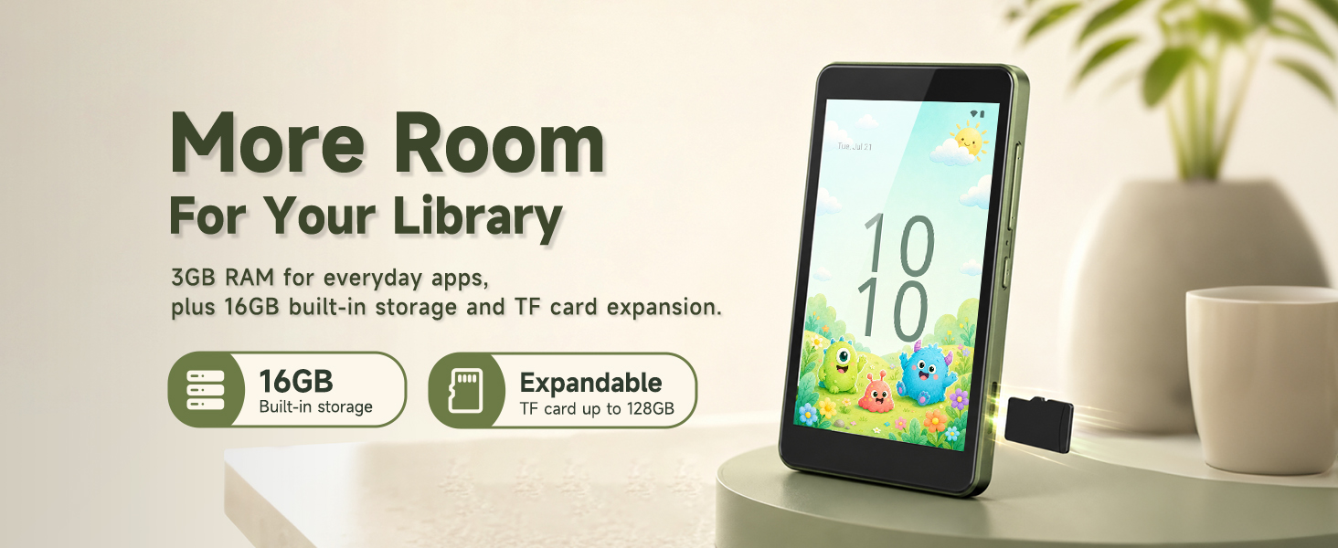 Sage green G4 with 3GB RAM, 16GB built-in storage, and TF card expansion up to 128GB.