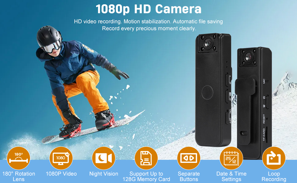 HD 1080P Body Cam with 180° Rotating Lens, Wearable Camcorder, HD Bodycam