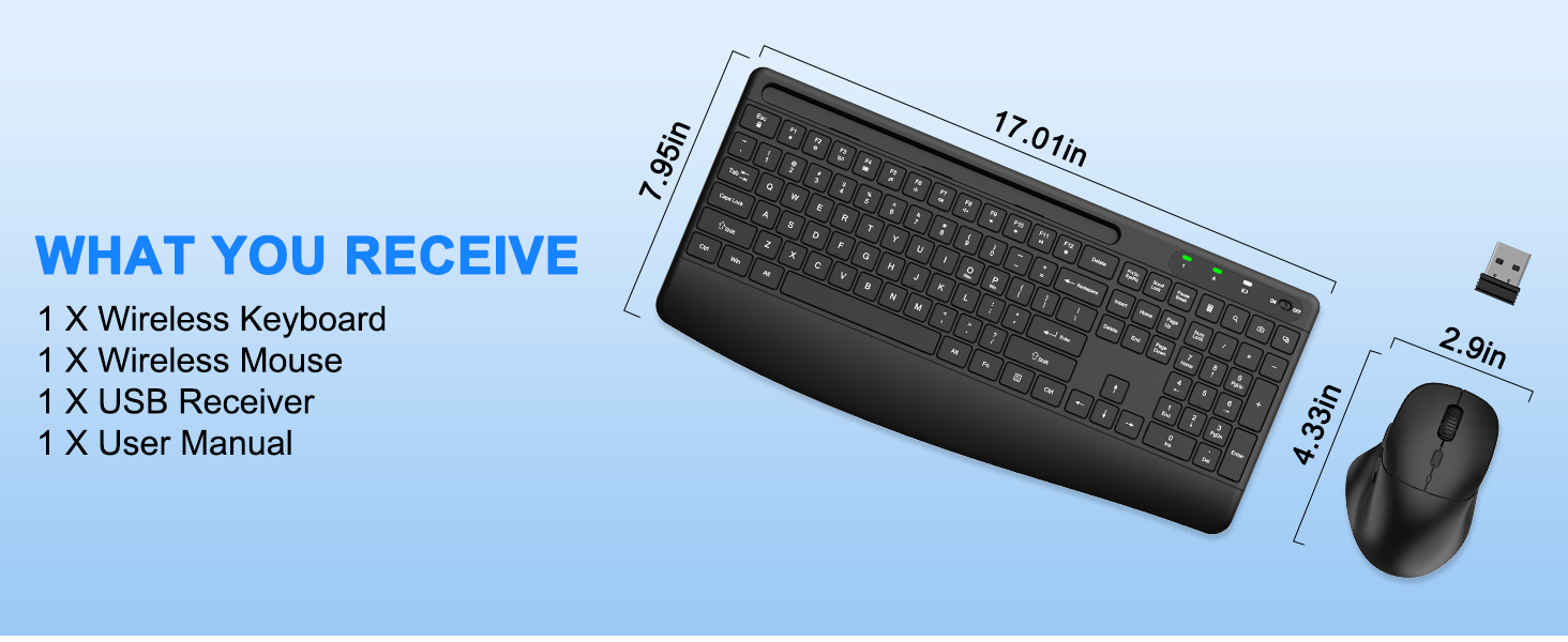 Wireless Keyboard and Mouse, Comfort Ergonomic Palm Rest Keyboard Mouse Combo Phone Holder