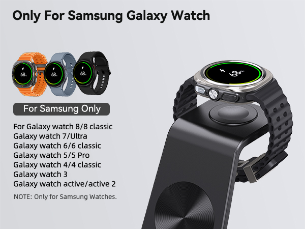 Text reads 'Only For Samsung Galaxy Watch'. Product compatibility list showing Galaxy Watch models including 7/Ultra, 5/5 Pro, 4/4 classic, and active/active 2.
