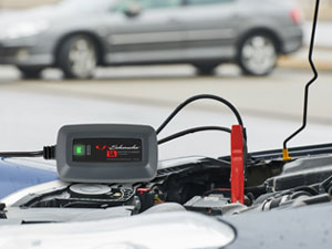 Car battery charger with reverse polarity protection, which prevents damage if clamps are reversed.