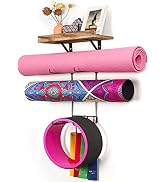 Yoga Mat Holder Wall Mount Yoga Mat Storage Home Gym Accessories with Wood Floating Shelves and 4...