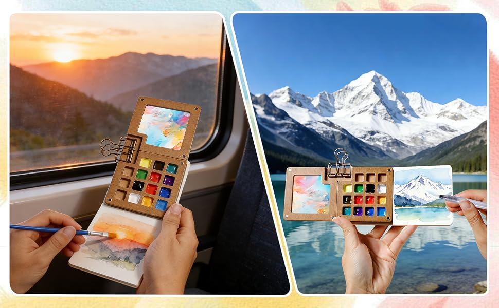 Mini watercolor paint set for outdoor painting and landscape sketching.