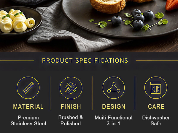 MATERIAL,Premium Stainless Steel.FINISH,Brushed &amp; Polished.DESIGN,3-in-1.CARE,Dishwasher Safe