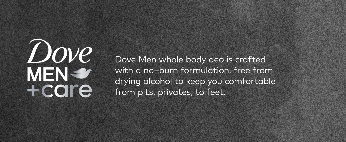 Dove Men+Care logo with text about no burn, alcohol free whole body deo