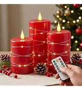 Amagic Real Wax Flameless Candles with Embedded String Lights Set of 3 Red | 3D Wick realistic fl...
