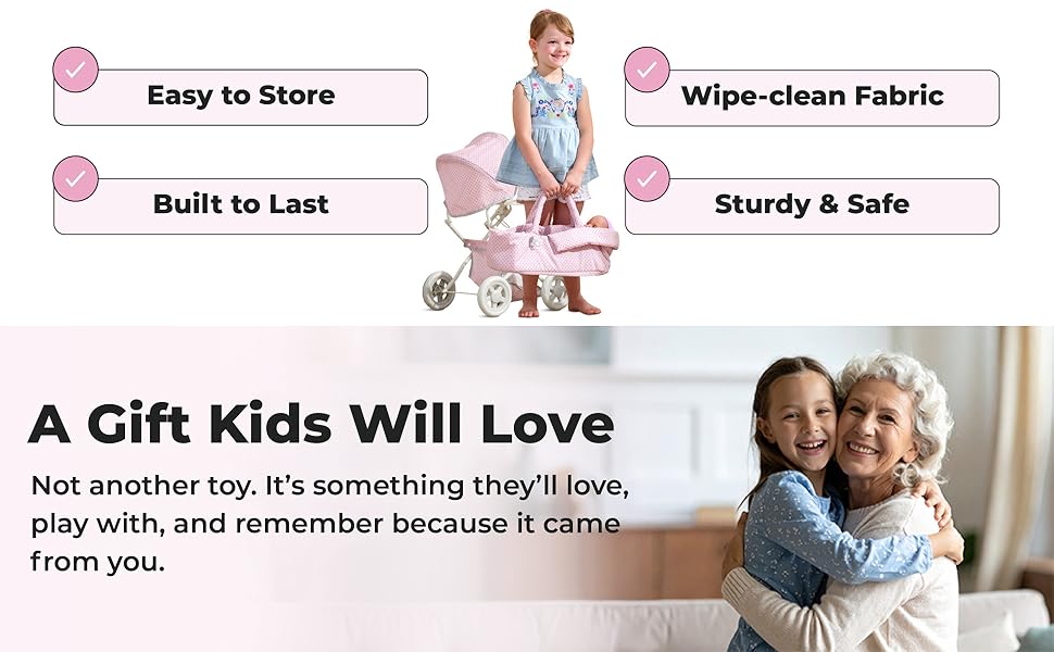 Girl hugging grandmother next to doll stroller with safety, design, and cleaning benefits listed.