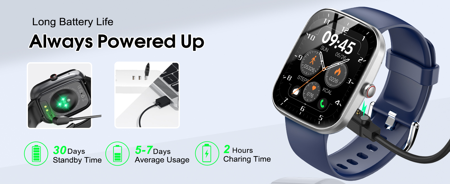 Smartwatch battery life infographic showing charging features and battery duration indicators, with navy blue watch band visible.
