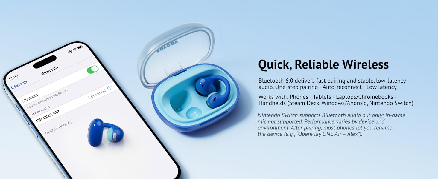 Bluetooth 6.0 features showing fast pairing with phone tablet and Switch.