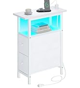 TRIFEBLE End Table with Charging Station, Narrow Side Table with 2 Fabric Drawers, Skinny Nightst...