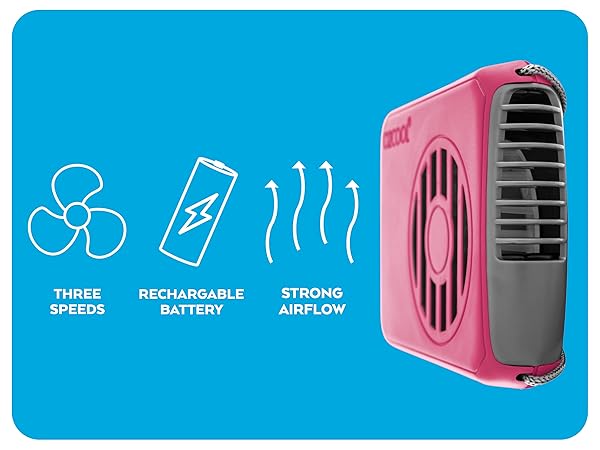 Pink O2Cool Rechargeable Necklace Fan, Three Speeds, Rechargeable Battery, Strong Airflow