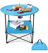 VILLEY Folding Camping Table, Lightweight Double-Layer Round Table with 4 Cup Holders and Carry B...