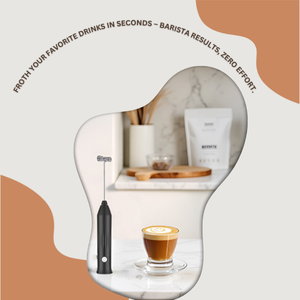 Froth your favorite drinks in seconds,barista results, zero effort. BLACK frother next to cofee