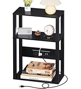 YUFAM 3-Tier Small Narrow Wood Side Table with Charging Station, Skinny Nightstand for Small Spac...