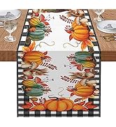 Autumn Table Runner, Fall Pumpkins Buffalo Grid Black White Orange Halloween Thanksgiving Table R...