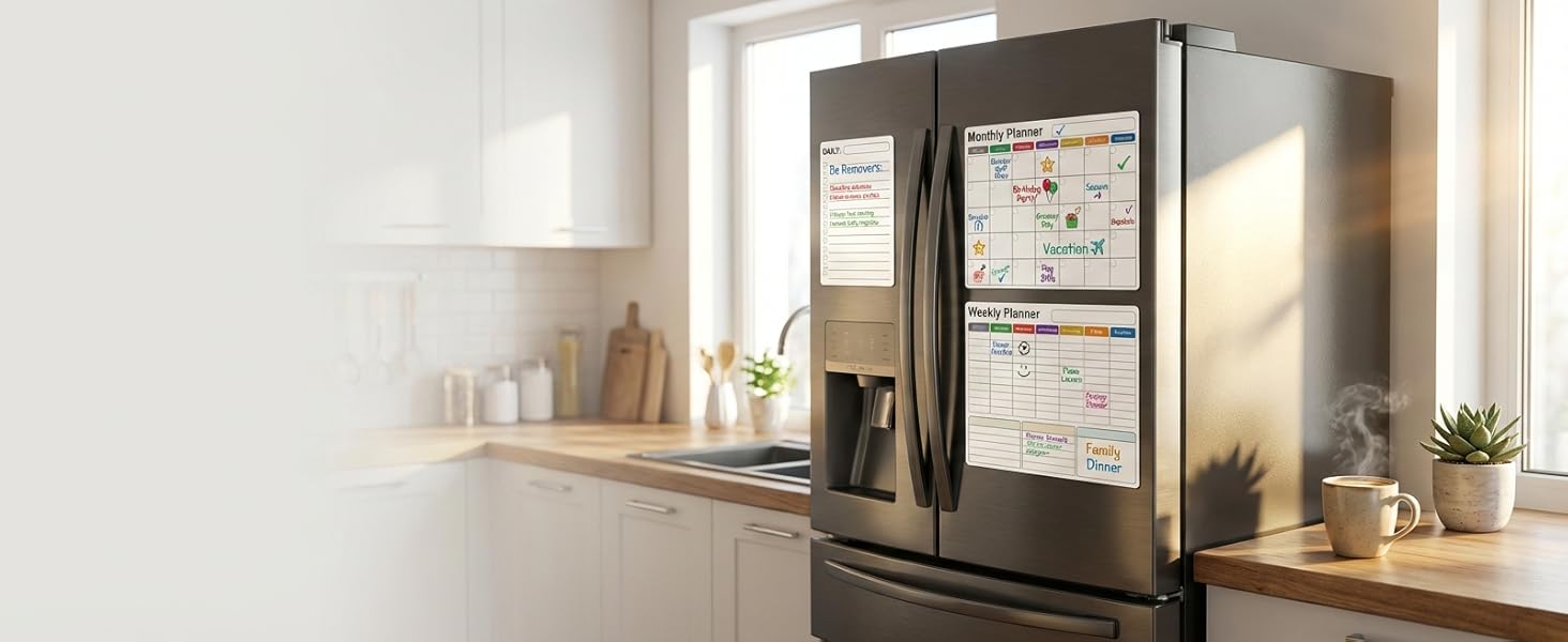 AUVIREC magnetic dry erase calendar set on a fridge in a modern, organized kitchen.