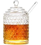CasaVibe 10 Oz Glass Honey Jar, With Lid And Dipper Honeycomb Crystal Design Syrup Storage Contai...