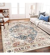 CHAMPLANT Washable Vintage Area Rug 6'x9' Boho Beige Blue Chic Medallion Distressed Design Non-Sh...
