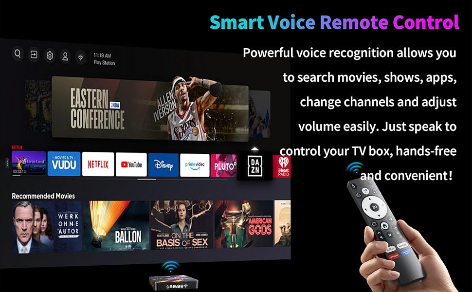 Smart TV interface showing streaming service logos including Netflix, Prime, HBO. Text describes voice control features for accessing entertainment content.