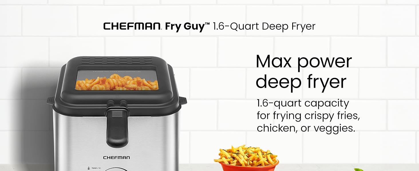 1.6-quart capacity for frying crispy fries, chicken, or vegies.