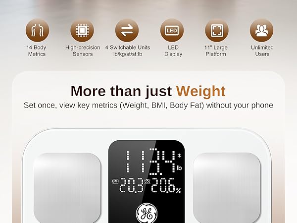 bluetooth weight scale set once view key metrics Weight BMI and Body Fat without phone