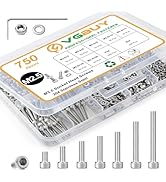 VGBUY 750pcs M2.5 Screw Kit, M2.5 x 4/6/8/10/12/16/20mm Hex Socket Head Cap Screws Bolts Nuts Was...