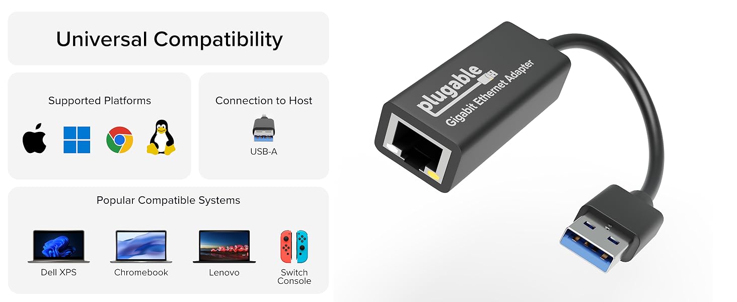 Plugable USB to Ethernet Adapter for Windows, macOS, Linux, ChromeOS, and Nintendo Switch